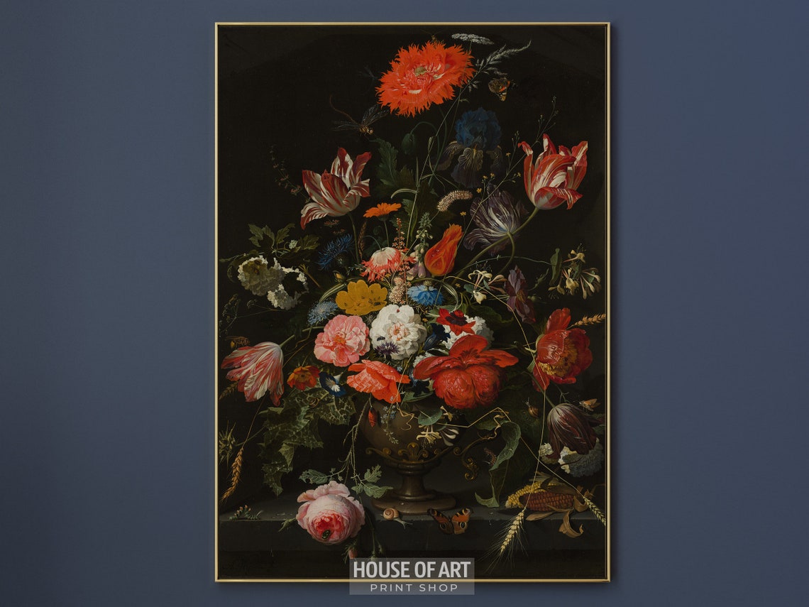 Antique Dutch Floral Bouquet Dark Still Life Oil Painting Print - Image 2