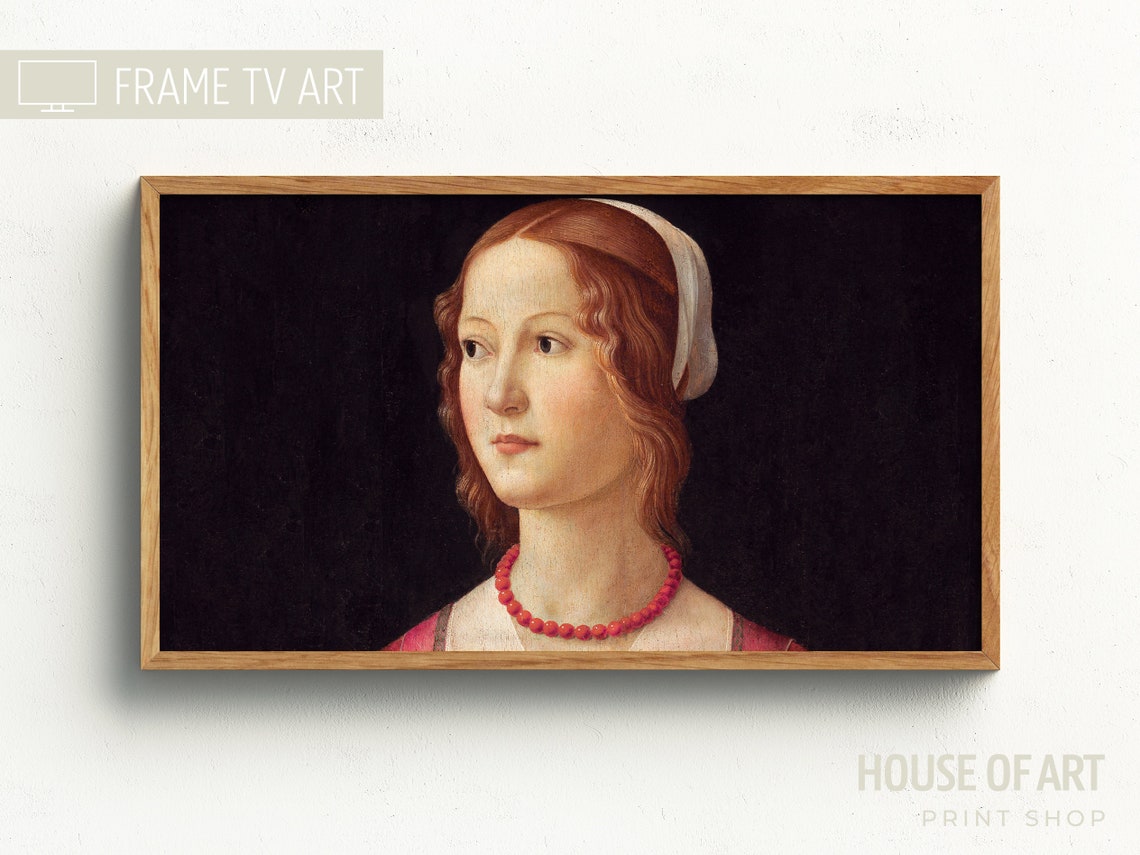 Frame Tv Art 4k Classic Portrait Oil Painting Vintage Beautiful Female Artwork Antique Woman With Red Hair Bead Necklace