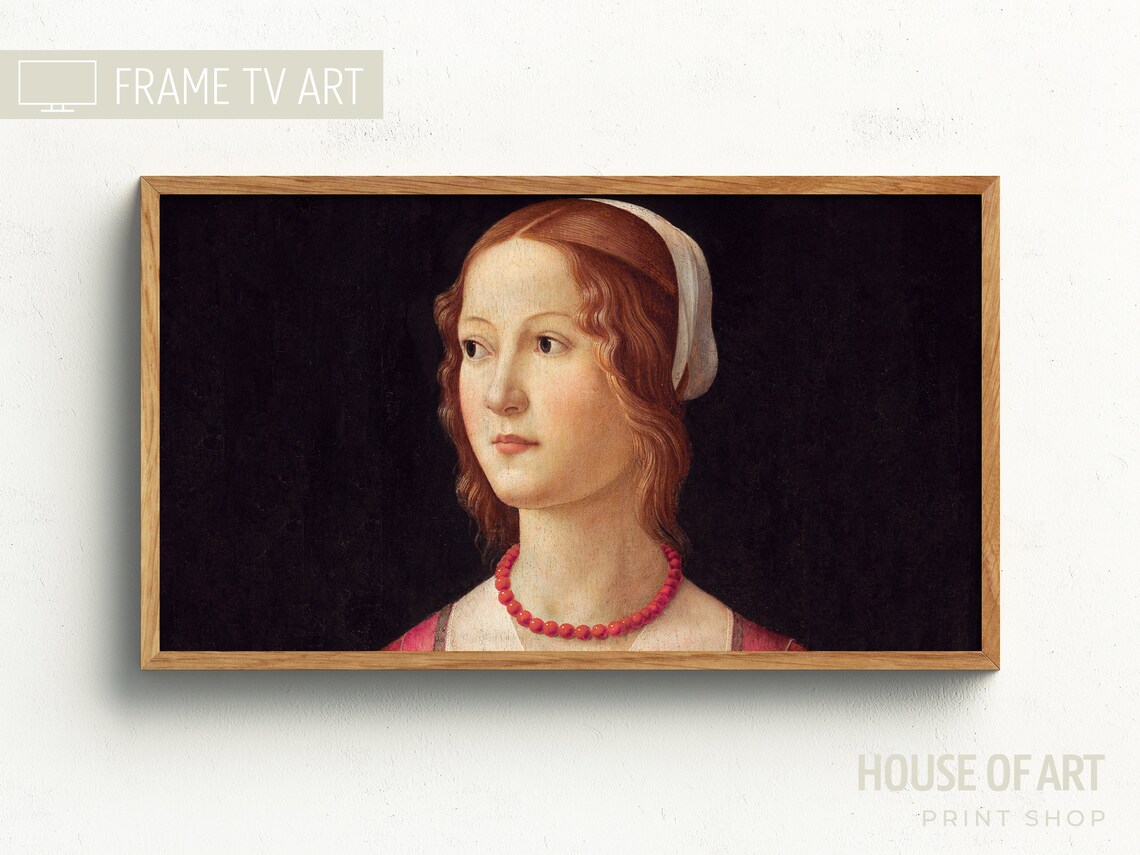 Renaissance Young Woman Red Bead Necklace White Veil Vintage Portrait Print