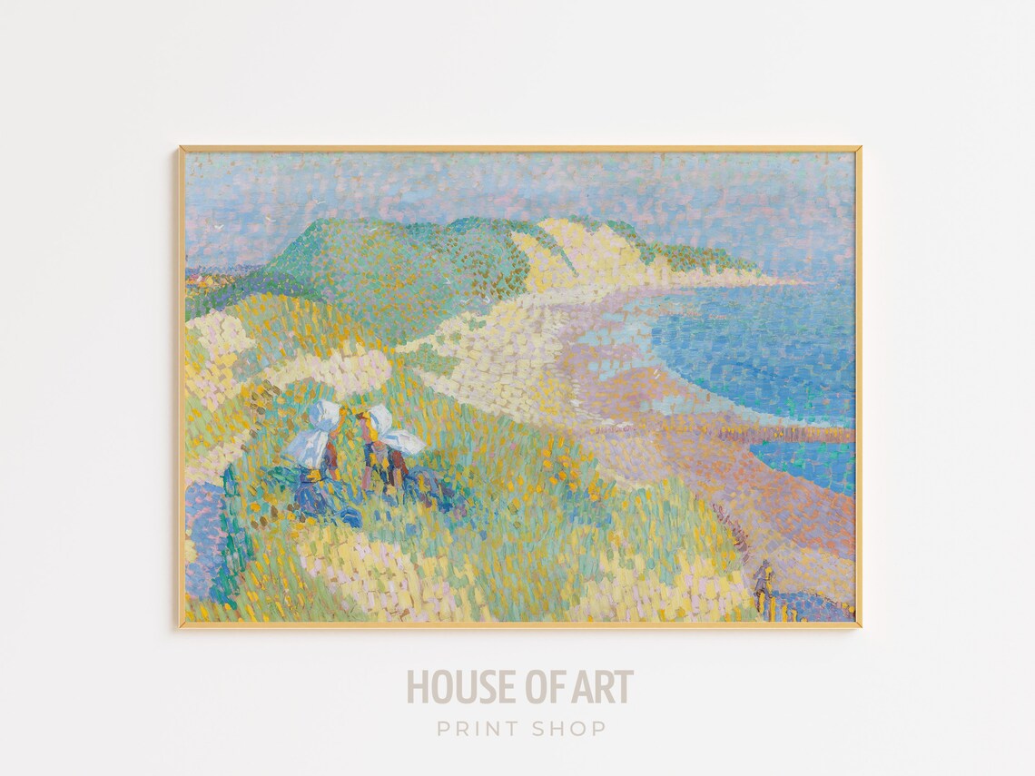Sunlit Coastal Dunes Overlooking Blue Sea Pointillist Style Painting Print - Image 3