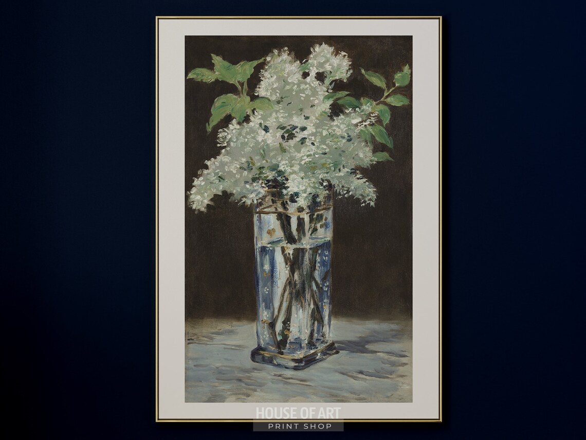 White Lilacs Glass Vase Vintage Botanical Oil Still Life Poster - Image 2