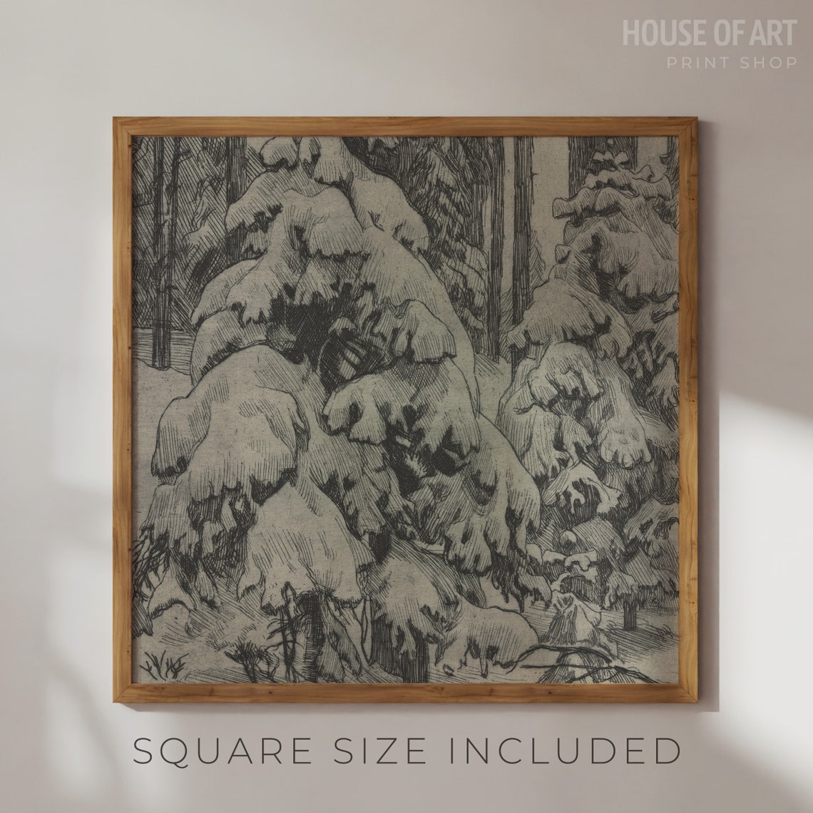 Snow Covered Pine Forest Winter Monochrome Etching Style Art Print - Image 2