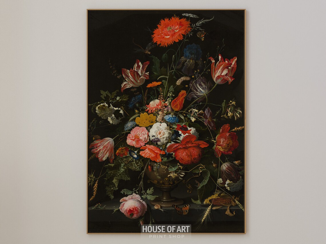 Antique Dutch Floral Bouquet Dark Still Life Oil Painting Print
