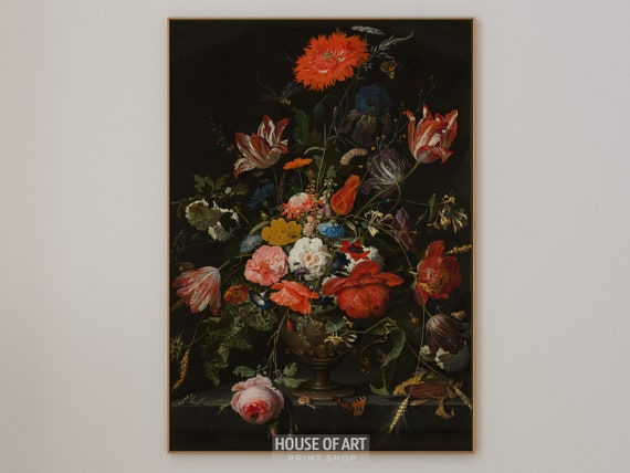 Antique Floral Wall Art Moody Still Life Oil Painting Gothic Flower Print Eclectic Home Decor Dark Flower Bouquet Wall Art