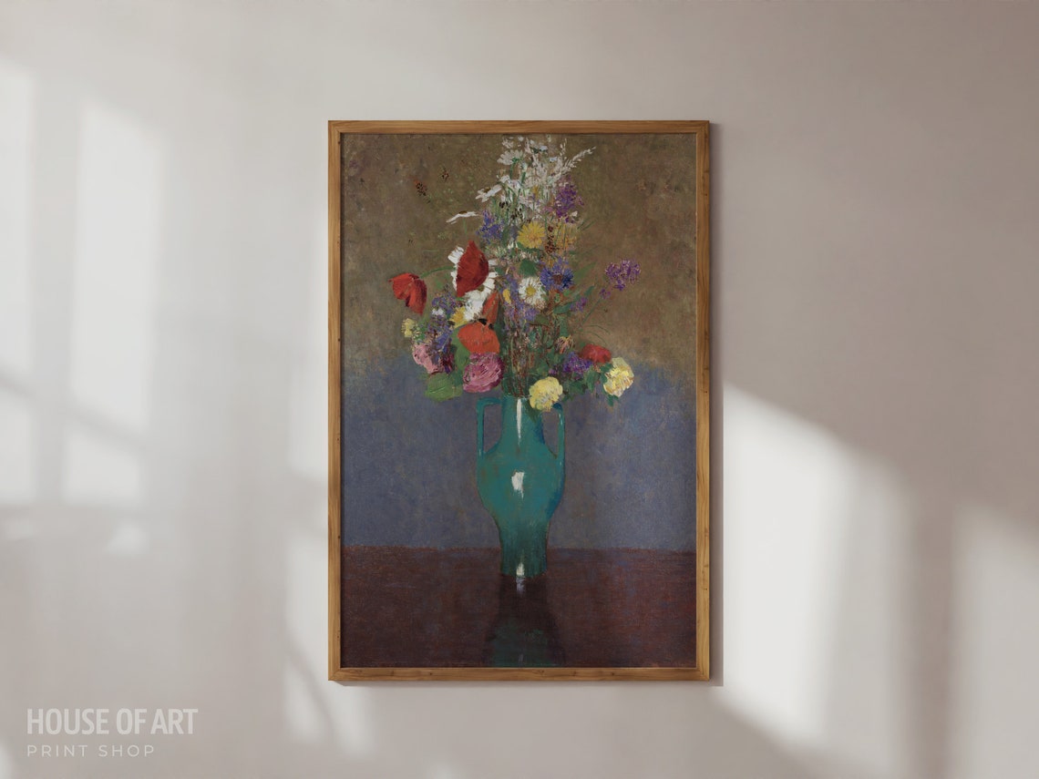 Impressionist Flower Bouquet In Turquoise Vase Colorful Wall Art Print