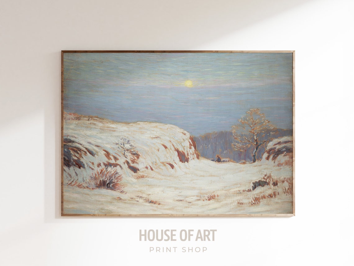 Snowy Winter Landscape Oil Painting Moonlit Snow Hills Wall Art Print