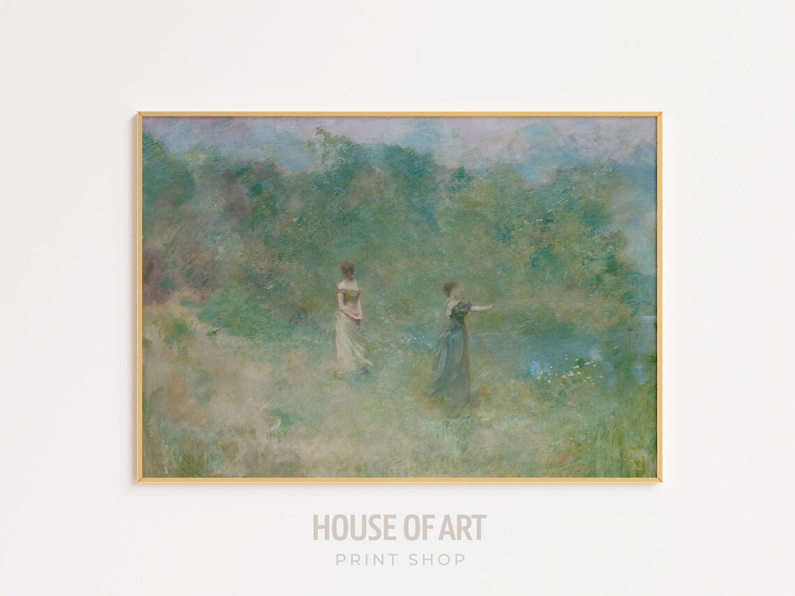 Two Women By Misty Lake Impressionist Oil Painting Dreamy Art Print