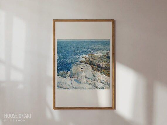 Woman In White Dress Sitting On Rocky Coast Impressionist Seascape Wall Art Poster