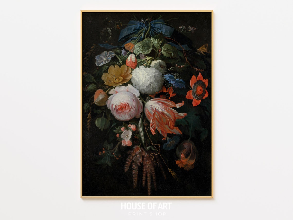 Antique Floral Piece Artwork Hanging Bouquet Of Flowers Fruits And Grains Instant Print Still Life Oil Painting