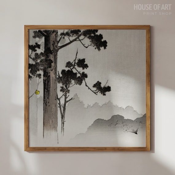 Vintage Japanese Misty Landscape Woodblock Print Square Landscape Art Enchanted Forest Ukiyo E Gallery Wall Print Wall Art