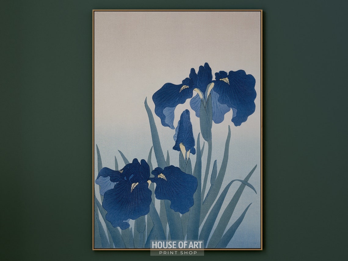 Japanese Botanical Woodcut Deep Blue Irises Blooming Flowers Art Print - Image 2