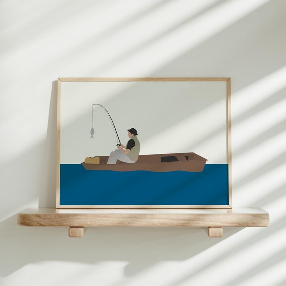 Old Man Fishing Minimalist Ocean Art Print