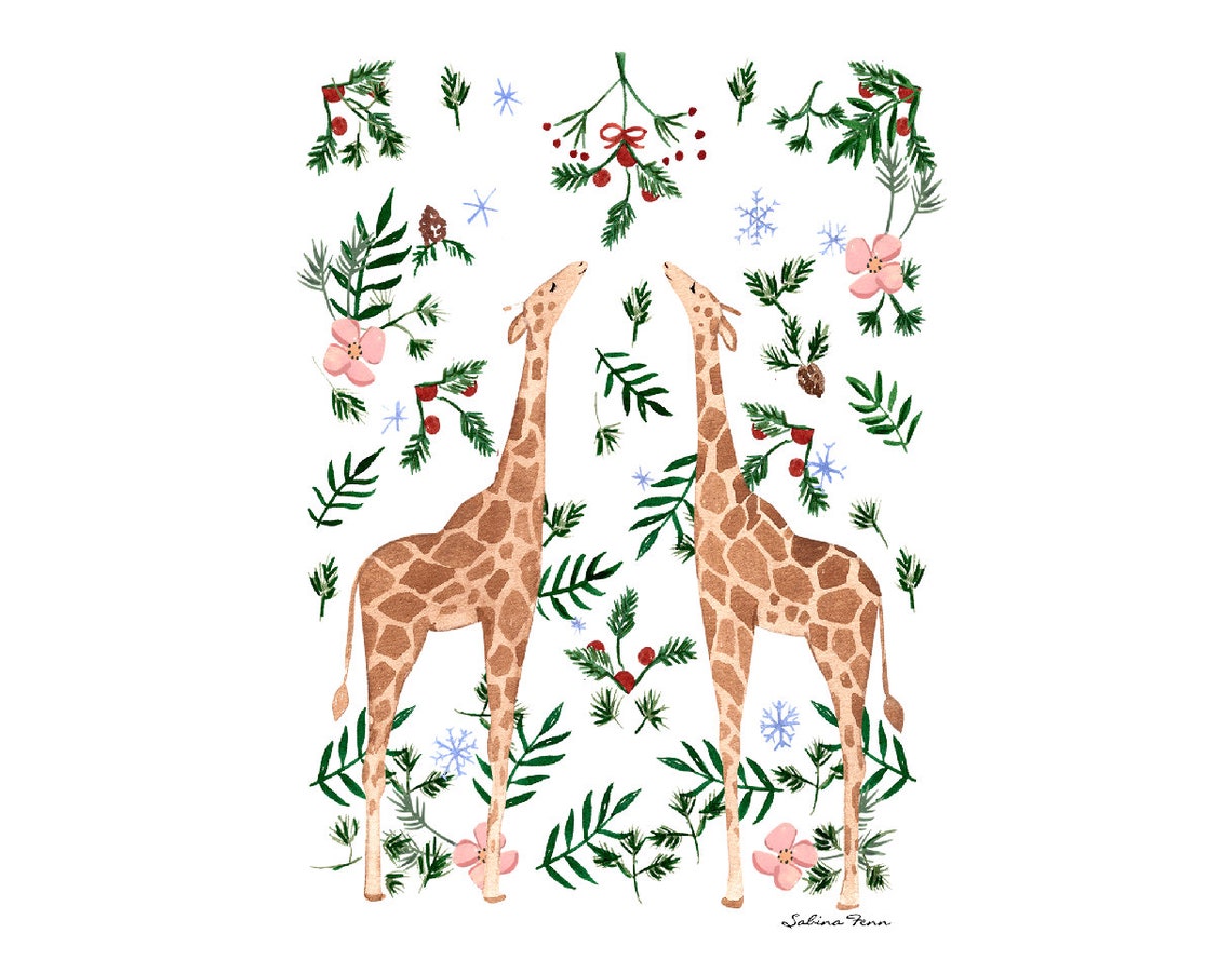 Festive Giraffes Christmas Watercolor Pine Snowflake Art Poster - Image 4
