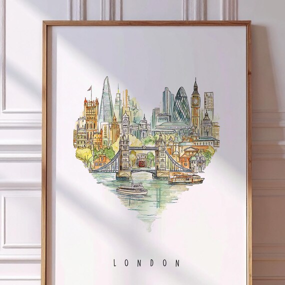 Watercolor London City Illustration Heartshaped Landmarks Poster Tower Bridge Big Ben Travel Wall Art