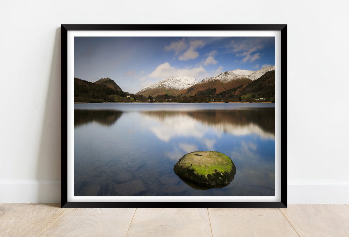 Grasmere Lake District Snow Capped Fells Mirror Reflection Poster
