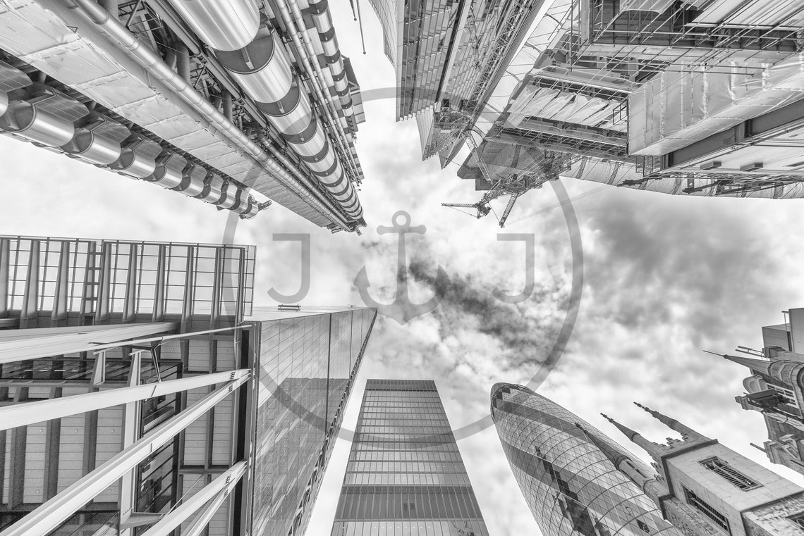 London City Skyline Look Up Black And White Modern Architecture Poster - Image 3