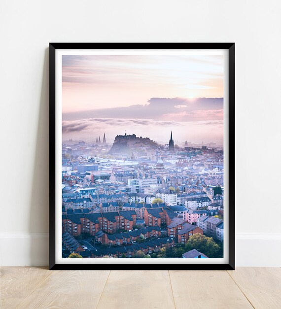 Edinburgh Castle Scotland Sunset Skyline Misty Aerial Poster