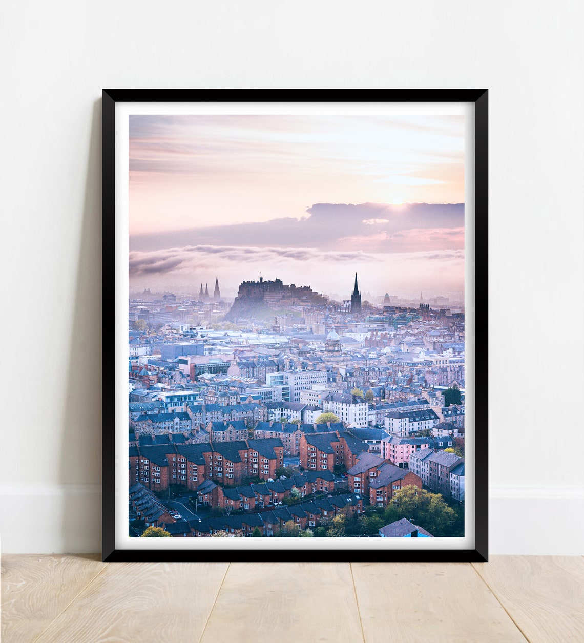 Edinburgh Castle Scotland Sunset Skyline Misty Aerial Poster