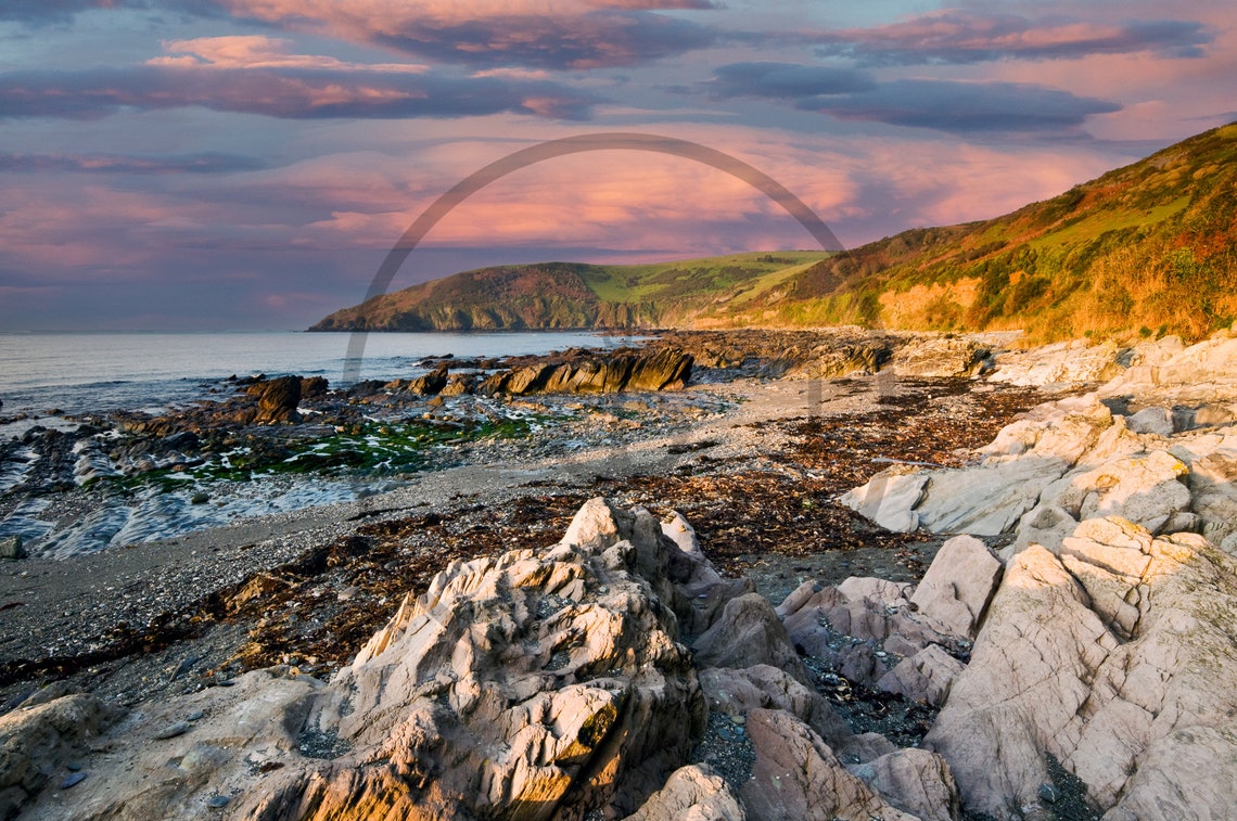 Portnadler Bay Cornwall Sunset Rocky Shore Pink Sky Seascape Poster - Image 3
