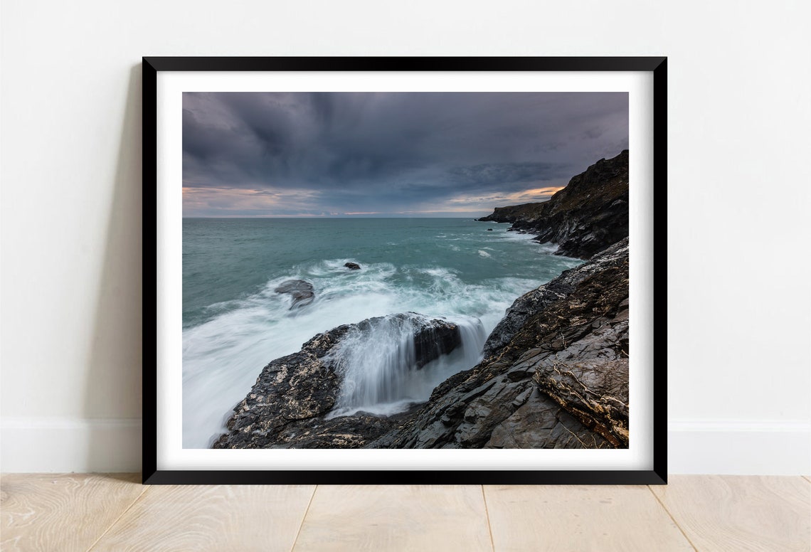 Pentire Steps Beach St Eval Cornwall Stormy Waves Cliffs Poster