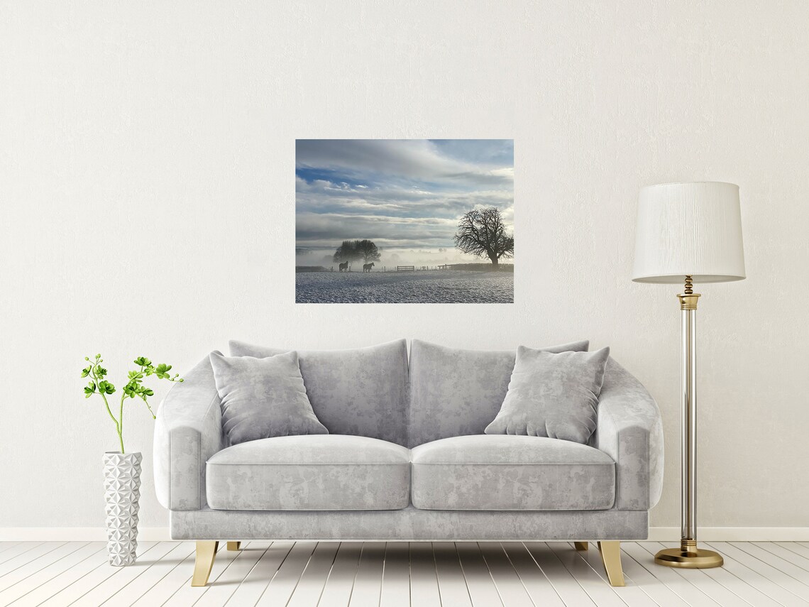 Dorset Countryside Horses Snowy Field Misty Winter Morning Poster - Image 2