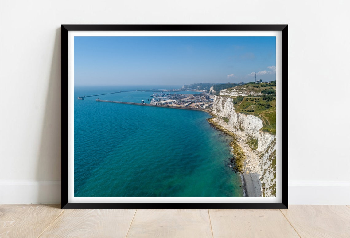 White Cliffs of Dover and Dover Harbor Aerial Seascape Poster