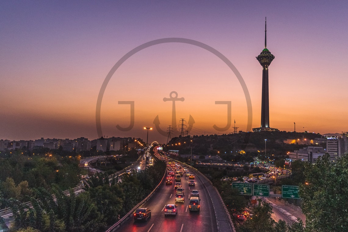 Milad Tower Tehran At Sunset Above Glowing Highway Traffic Poster - Image 3