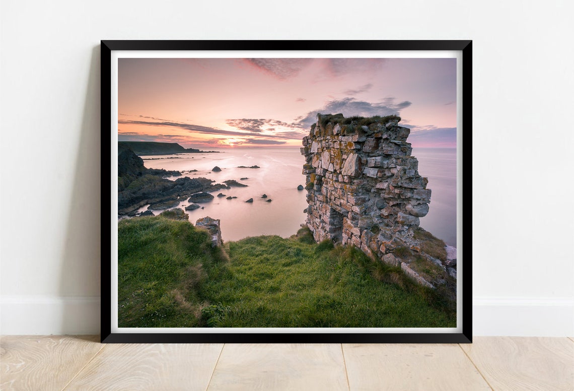 Findlater Castle Scotland Cliff Ruin Sunset Pink Sky Calm Sea Poster