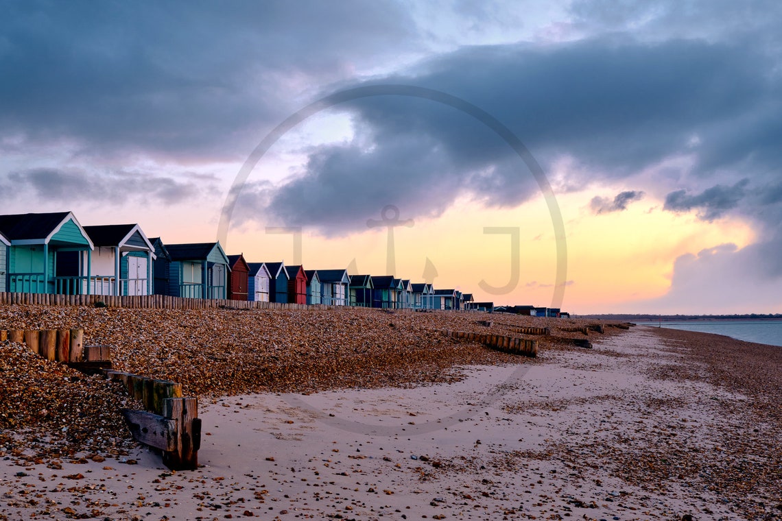 Calshot Beach Colourful Beach Huts At Sunset Hampshire Poster - Image 3