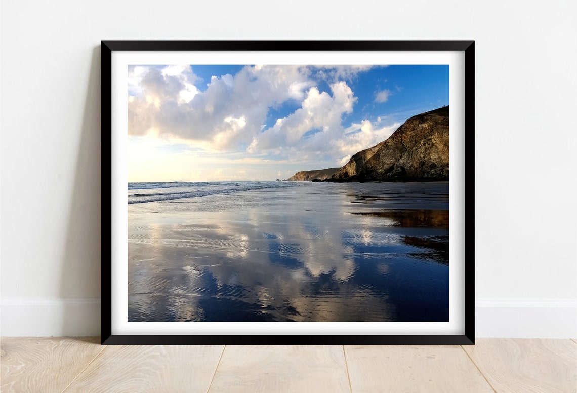 Porthtowan Beach Cornwall Wet Sand Cliffs Cloud Reflections Poster
