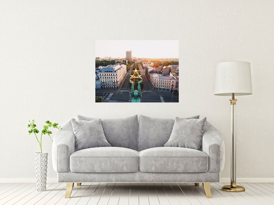 Riga Latvia Freedom Monument Stars Sunset Aerial Boulevard Poster - Image 2
