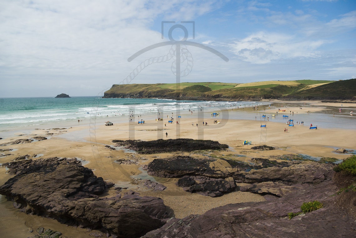 Polzeath Beach North Cornwall Surfers Sandy Bay Rocks View Poster - Image 3