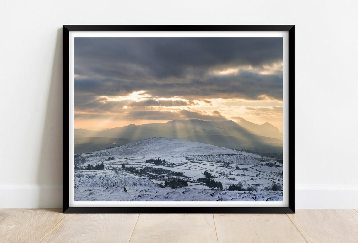 Moel Tryfan Northern Wales Winter Light Rays Mountain Snow Poster