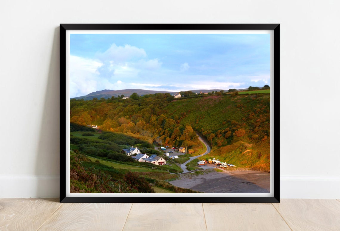 Pwllgwaelod Beach Evening Light Over Valley Cottages Wales Poster