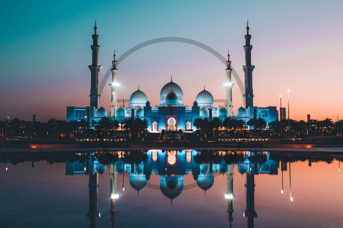 Sheikh Zayed Grand Mosque Abu Dhabi Dusk Reflection Skyline Poster - Image 3