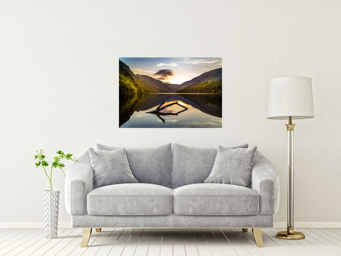 Glendalough Upper Lake Ireland Sunset Reflection With Driftwood Poster - Image 3