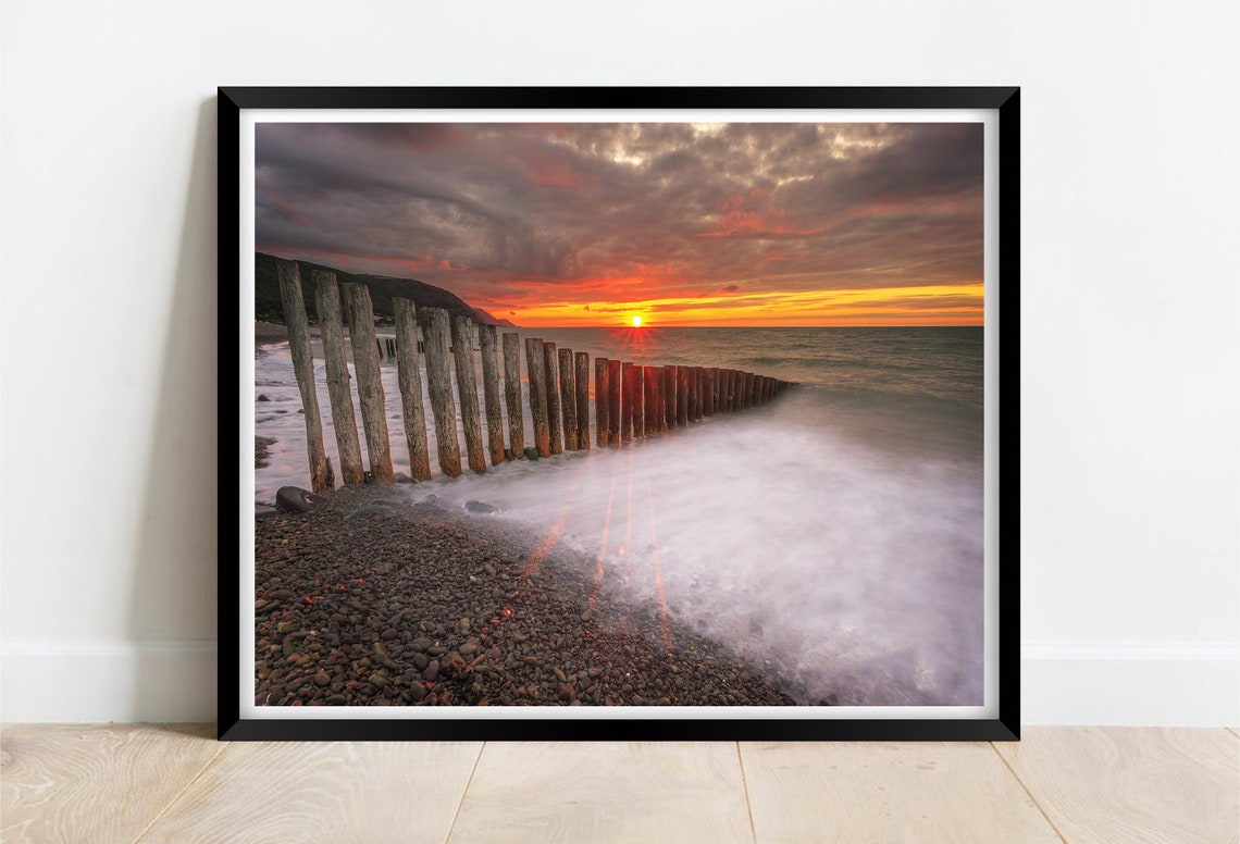 Bossington Beach Somerset Wooden Groyne Sunset Seascape Print