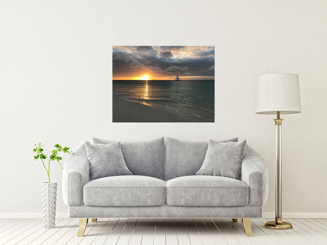 Eagle Beach Aruba Sunset Sailboat Tropical Golden Waves Poster - Image 2