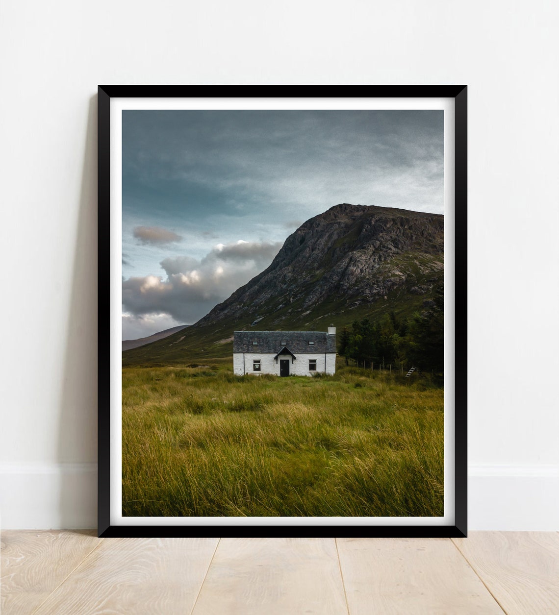 Glencoe White Cottage Beneath Mountain Peak Scottish Highlands Poster