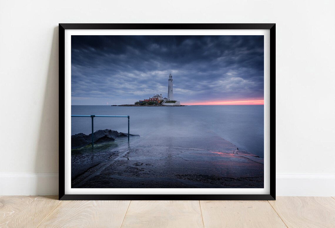 St Marys Lighthouse Whitley Bay Stormy Dusk Long Exposure Poster
