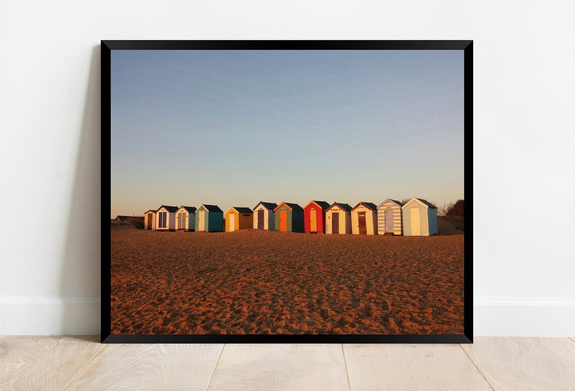 Colorful Beach Huts Row on Golden Sand at Dusk Coastal Poster - Image 2