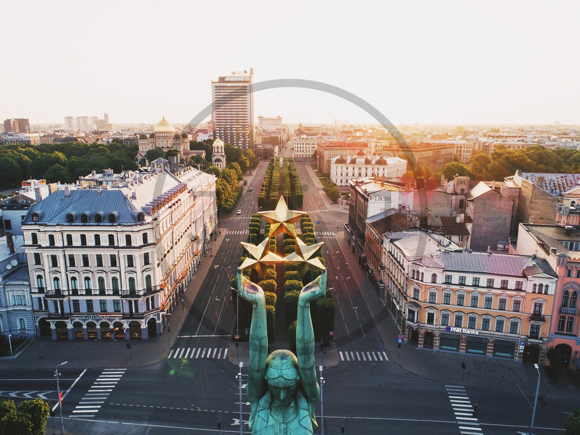 Riga Latvia Freedom Monument Stars Sunset Aerial Boulevard Poster - Image 3