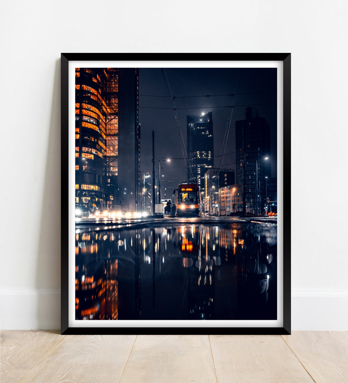 Warsaw Poland At Night Tram Wet Street City Lights Reflection Poster