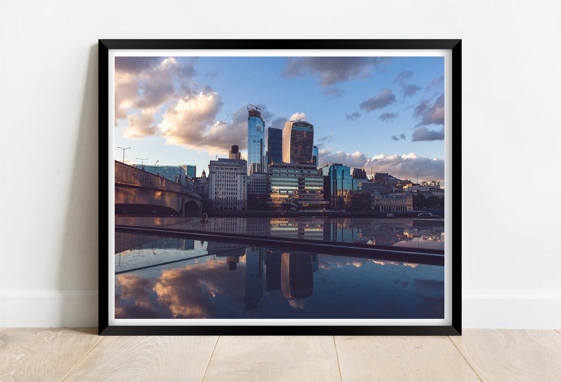 London City Skyline Sunset Reflections On The River Water Poster