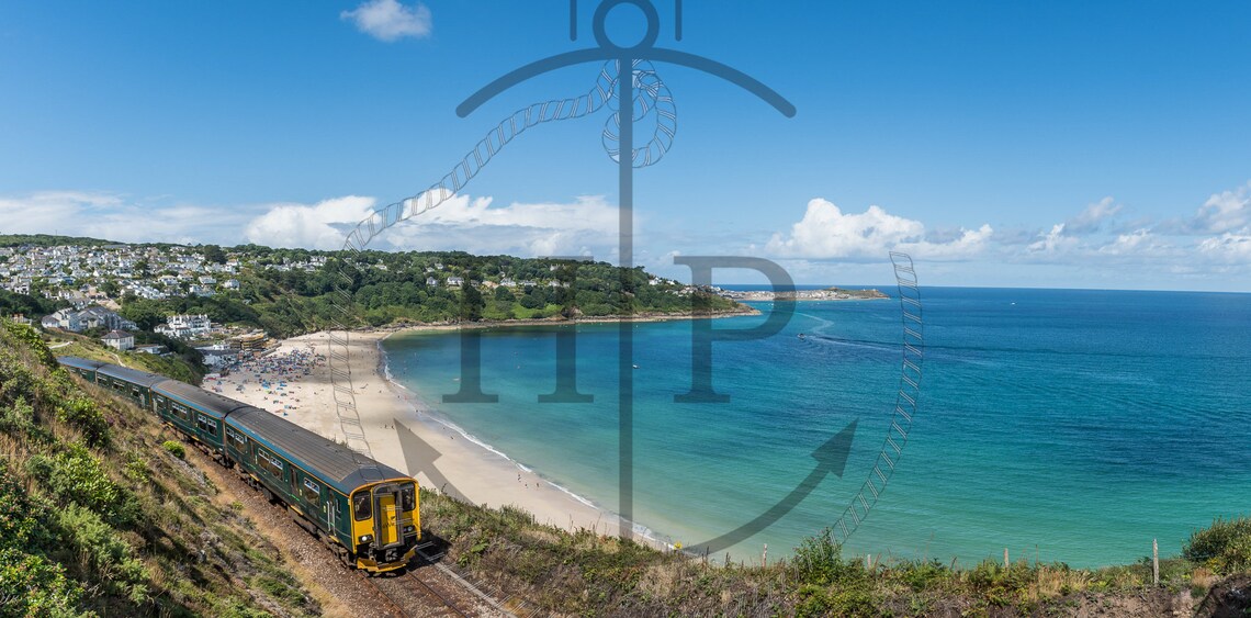 Carbis Bay Cornwall Coastal Train Along Turquoise Beach Bay Poster - Image 3