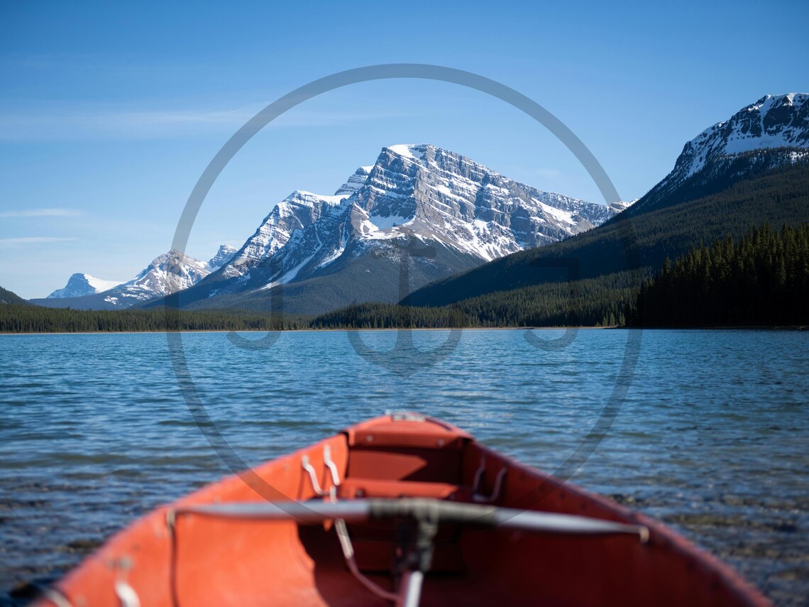Red Canoe on Mountain Lake Snowy Peaks Adventure Trip Poster - Image 3