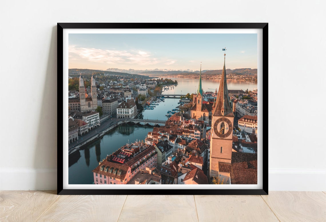 Zurich Old Town Churches And Lake At Sunset Aerial View Poster