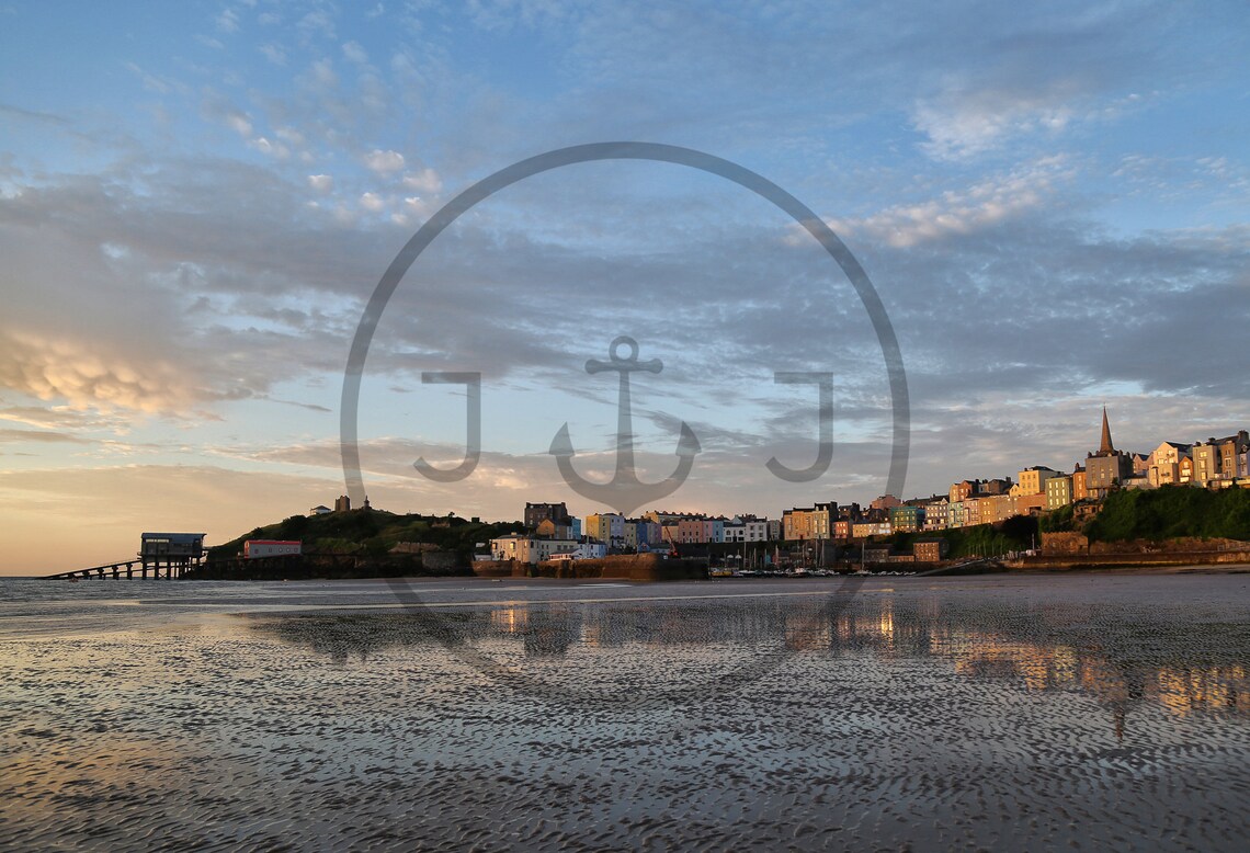 Tenby Beach Sunset Reflections Of Colourful Town Wales Poster - Image 3