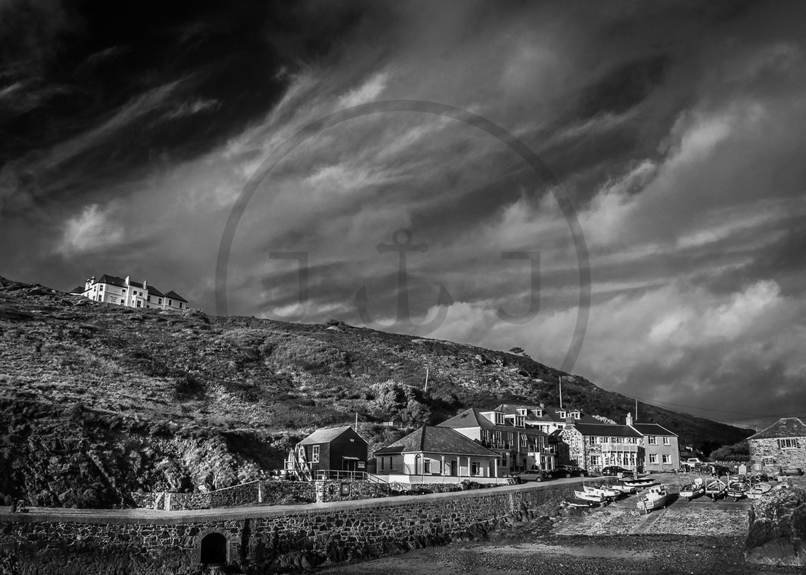 Mullion Cove Cornwall Harbour In Dramatic Black And White Poster - Image 3