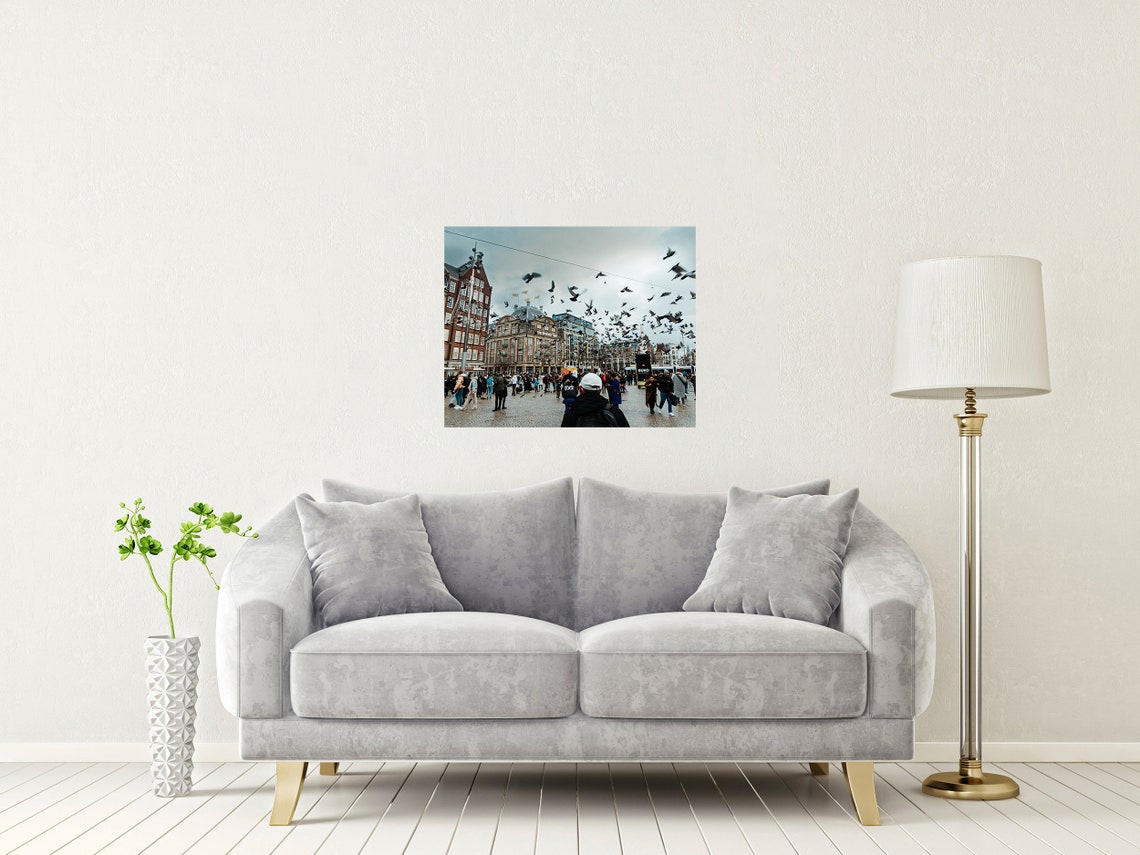 Dam Square Amsterdam Pigeons Flying Over Crowded City Plaza Poster - Image 2